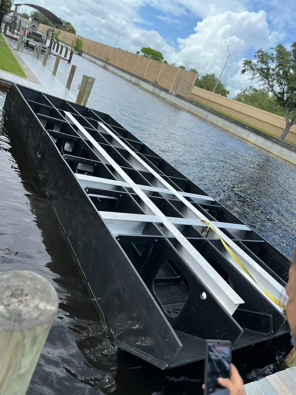 Bare Hull — HDPE hull with aluminum cross-bracing — ready for the build-out | HDPE work barge for sale, Fort Myers, FL