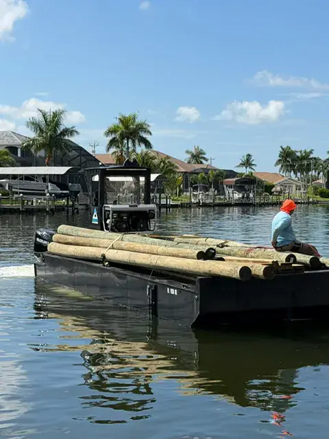 Hauling Pilings — Loaded with pilings, headed to a Fort Myers canal job | HDPE work barge for sale, Fort Myers, FL